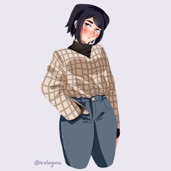1girl alternate_costume baggy_shirt black_hair blush button danganronpa:_trigger_happy_havoc danganronpa_(series) danganronpa_3_(anime) denim eyebrows eyebrows_hidden_by_hair fingernails flannel flannel_shirt freckles hand_in_pocket head_tilt highres ikusaba_mukuro jeans long_sleeves looking_to_the_side medium_hair pants purple_eyes simple_background stitched_clothes tan_shirt troloyunu undershirt white_background