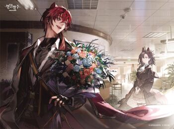 1boy 1girl animal_ears arknights ascot bellone_(arknights) black_pants black_shorts black_vest blue_flower blue_rose bouquet brown_coat brown_hair chinese_commentary coat coat_on_shoulders commentary_request copyright_name copyright_notice flower fluorescent_lamp highres holding holding_bouquet indoors kawa683 looking_back official_art open_mouth pants penance_(arknights) red_coat red_flower red_hair red_rose rose shirt short_hair shorts smile table vest white_ascot white_shirt wolf_ears