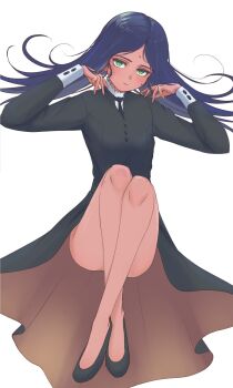 1girl akatsuki_(akatsukinotsuki) bindi black_dress blue_hair closed_mouth commentary_request dark-skinned_female dark_skin dress eyelashes facial_mark forehead_mark green_eyes gundam gundam_gquuuuuux highres lalah_sune long_dress long_hair looking_at_viewer slippers solo