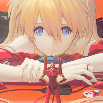 Rule 34 | 1girl, badge, blue eyes, button badge, character figure, dress, eva 02, eyepatch, green jacket, hair between eyes, highres, interface headset (evangelion), jacket, lc.kid, long hair, mecha pilot suit, neon genesis evangelion, orange hair, plugsuit (evangelion), red background, shadow, smile, souryuu asuka langley, yellow dress