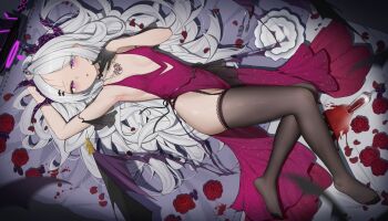 1girl absurdres ahoge alcohol alternate_costume ambiguous_red_liquid arm_up armpits bare_arms bed_sheet black_bow black_choker black_gloves black_halo black_horns black_thighhighs black_wings blood blood_stain blue_archive blush bow bow_choker breasts breasts_apart center_opening champagne_flute choker clothing_cutout commentary_request cup cutout_above_navel demon_girl demon_horns demon_wings dress drinking_glass ear_blush evening_gown expressionless fangfangtu feet fine_fabric_emphasis flower forehead fork formal_clothes from_above full_body garter_straps gem glitter_dress gloves hair_ornament hair_spread_out hairclip half-closed_eyes half_gloves halo hand_up highres hina_(blue_archive) horns jewelry lace lace-trimmed_thighhighs lace_trim legs loli long_dress long_hair looking_at_viewer low_wings lying multiple_necklaces necklace no_bra no_footwear no_shoes on_back parallel_hairclips parted_bangs parted_lips pearl_necklace pendant petals plate print_dress purple_eyes purple_wings red_dress red_flower red_gemstone red_petals red_rose rose rose_petals shiny_skin side_slit sideboob sideways single_glove sleeveless sleeveless_dress slit_pupils small_breasts solo spider_web_print spiked_halo spill spilled_drink stained_sheets striped_horns thighhighs thighs toes tsurime two-tone_wings very_long_hair white_hair wine wine_glass wing_hair_ornament wings zettai_ryouiki