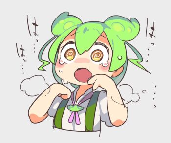 Rule 34 | 1girl, @ @, animal ears, blush, breath, brooch, commentary request, cropped torso, cross tie, double-parted bangs, green hair, green suspenders, grey background, hands up, jewelry, open mouth, puffy short sleeves, puffy sleeves, raised inner eyebrows, sakamoto ahiru, scared, shirt, short sleeves, simple background, solo, surprised, sweatdrop, teardrop, voicevox, white shirt, wide-eyed, yellow eyes, zundamon