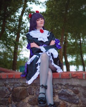 Rule 34 | ankle ribbon, cosplay, dress, flower, frilled dress, frilled sleeves, frills, gokou ruri, hair flower, hair ornament, konelli, leg ribbon, maid, maid headdress, mary janes, ore no imouto ga konna ni kawaii wake ga nai, photo (medium), purple dress, purple hair, red eyes, ribbon, rose hair ornament, see-through clothes, see-through legwear, shoes, thighhighs, tree