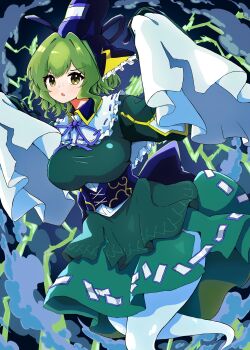 1girl absurdres blue_hat breasts ghost_tail green_eyes green_hair gurajio hat highres japanese_clothes lightning long_sleeves looking_at_viewer sleeves_past_fingers sleeves_past_wrists soga_no_tojiko solo touhou