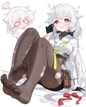 1girl adjusting_eyewear alice_vu bandaid bandaid_on_leg black_gloves brown_pantyhose commentary crying crying_with_eyes_open dutch_angle feet fine_fabric_emphasis full_body fuyuka_(probation_period_cleared!)_(stella_sora) fuyuka_(stella_sora) glasses gloves green_necktie grey_hair half_gloves hand_up highres knees_up legs long_hair long_sleeves looking_at_viewer loose_necktie necktie office_lady official_alternate_costume open_mouth pantyhose purple_eyes round_eyewear shirt simple_background sitting stella_sora sweater symbol-only_commentary tears toes torn_clothes torn_pantyhose turtleneck turtleneck_sweater white_shirt