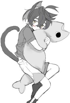 1boy animal_ear_fluff animal_ears blush cat_boy cat_ears cat_tail closed_mouth crossed_bangs greyscale hair_between_eyes kemonomimi_mode kieran_(pokemon) looking_at_viewer male_focus monochrome nintendo pokemon pokemon_sv shirt short_sleeves shorts simple_background sketch socks solo stuffed_animal stuffed_fish stuffed_toy tail tet0325