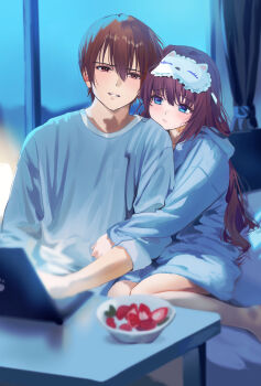 1boy 1girl a-chan_(little_busters!) absurdres alternate_costume arm_hug barefoot blindfold blue_eyes blush brown_eyes brown_hair commentary_request computer couple curtains eyelashes food fruit hair_between_eyes head_on_another&#039;s_shoulder hetero highres hug hug_from_behind indoors laptop little_busters! long_hair long_sleeves looking_at_another miiizuno_lbs natsume_kyousuke night pajamas parted_lips paw_print short_hair sitting sleep_mask smile strawberry tsurime very_long_hair white_pajamas window yokozuwari