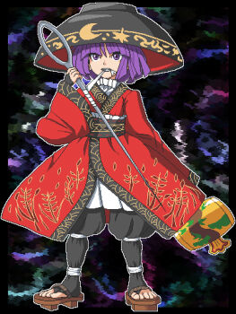 Rule 34 | 1girl, abstract background, aksawshin, alternate costume, bandage in mouth, bandages, bowl, bowl hat, clenched teeth, commentary, full body, geta, hat, japanese clothes, kimono, mallet, needle, pixel art, purple eyes, purple hair, red kimono, short hair, solo, sukuna shinmyoumaru, teeth, touhou, untranslatable commentary