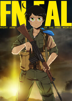 1girl ahoge ammunition_pouch background_lightning battle_rifle belt beret black_hair blood blood_on_face cloud cloudy_sky collarbone english_text fn_fal green_eyes gun gun_sling hat holding holding_gun holding_rifle holding_weapon looking_at_viewer military military_uniform mrxinom original pouch rifle serious_expression sky trigger_discipline weapon