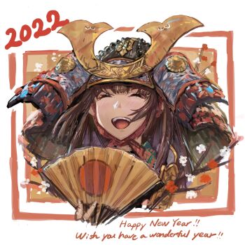 1girl 2022 ^_^ armor blush branch brown_hair chinstrap closed_eyes commentary_request english_text facing_viewer flower hand_fan happy_new_year helmet highres holding holding_fan japanese_armor kabuto_(helmet) long_hair new_year open_mouth original portrait shikoro smile solo takahito teeth upper_teeth_only white_background white_flower