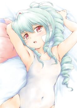 1girl :d armpits arms_up bare_arms bare_shoulders bed_sheet blue_hair breasts collarbone covered_navel drill_hair female_focus galaxy_angel highres light_blue_hair looking_at_viewer lying normad on_back one-piece_swimsuit open_mouth pink_eyes ponytail shimamoto_(natsuki) small_breasts smile solo swimsuit vanilla_h white_one-piece_swimsuit