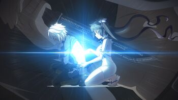1boy 1girl anime_coloring backless_dress backless_outfit bell_cranel black_hair black_pants black_shirt blue_bow blue_bowtie blue_eyes blue_ribbon boots bow bowtie breasts brown_boots closed_eyes closed_mouth clothes_lift danmachi_battle_chronicle dress dungeon_ni_deai_wo_motomeru_no_wa_machigatteiru_darou_ka floating_hair from_side game_cg glowing hair_ribbon hand_on_another&#039;s_hip hestia_(danmachi) highres holding holding_knife kneeling knife long_hair medium_breasts non-web_source official_art pants pencil_dress ribbon sandals shirt shirt_lift short_hair sleeveless sleeveless_dress stomach twintails white_dress white_hair white_ribbon white_sandals