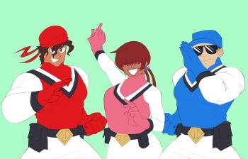 1girl 1shermieaday bodysuit breasts clark_still curvy dark-skinned_female dark-skinned_male dark_skin earrings female_focus gloves heart huge_breasts jewelry large_breasts long_hair pale_skin pants ponytail ralf_jones red_hair shermie_(kof) smile smiley_face standing tan the_king_of_fighters thick_thighs thighs tokusatsu twintails wide_hips