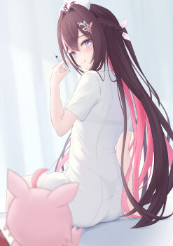 1girl :q alternate_costume ass azki_(hololive) black_bra black_hair black_panties blurry blurry_background bra bra_visible_through_clothes braid collared_dress colored_inner_hair commentary_request double-parted_bangs dress from_behind hair_between_eyes hair_intakes hair_ornament hairclip half_up_half_down_braid hand_up hat highres holding holding_syringe hololive indoors long_hair looking_at_viewer looking_back multicolored_hair nurse nurse_cap panties panties_visible_through_clothes pink_hair pioneer_(azki) purple_eyes seriponpoyon short_sleeves sitting solo streaked_hair syringe tongue tongue_out underwear very_long_hair virtual_youtuber white_dress white_hair