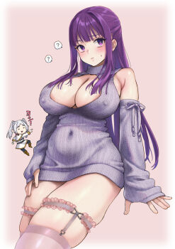 Rule 34 | 2girls, ?, areola slip, blush, bottomless, breasts, cleavage, cleavage cutout, clothing cutout, covered erect nipples, covered navel, curvy, detached sleeves, dress, fern (sousou no frieren), frieren, frilled thigh strap, garter straps, karube guri, large breasts, lips, long hair, multiple girls, pink thighhighs, pout, purple eyes, purple hair, ribbed sweater, short dress, sidelocks, skindentation, sleeves past wrists, sousou no frieren, spoken question mark, sweat, sweater, sweater dress, thigh strap, thighhighs, wide hips