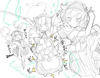 alice_margatroid black_ribbon blush commentary_request hairband konpaku_youmu konpaku_youmu_(ghost) leg_up multiple_swords noya_makoto open_mouth pom_pom_(cheerleading) puppet_strings ribbon shameimaru_aya shanghai_doll short_hair sketch skirt sound_effects touhou
