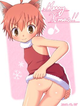 1boy animal_ear_fluff animal_ears ass ass_focus auburn_hair bare_shoulders blush bottomless brown_eyes cat_boy cat_ears christmas christmas_dress clant_st clothes_lift crossdressing crossdressing_(mtf) dress dress_lift from_behind highres looking_back looking_down male_focus mooning musical_note naughty_face original pink_background presenting red_dress short_hair shota snowflake_background solo solo_focus testicles trap