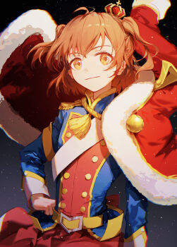 Rule 34 | 1girl, absurdres, aijou karen, belt, chromatic aberration, closed mouth, crown, enip o, epaulettes, floating clothes, floating jacket, fur-trimmed jacket, fur trim, hand on own hip, highres, jacket, jacket on shoulders, light particles, light smile, long sleeves, mini crown, orange eyes, orange hair, red jacket, red skirt, short hair, shoujo kageki revue starlight, skirt, solo, tassel, two side up, upper body, yellow belt