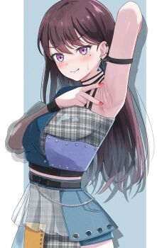 1girl absurdres armlet armpits azakura_(beniyomogi) bang_dream! bang_dream!_it&#039;s_mygo!!!!! blush brown_hair closed_mouth commentary_request ear_piercing earrings highres jewelry linked_piercing long_hair long_sleeves looking_at_viewer mole mole_under_eye nail_polish piercing presenting_armpit purple_eyes red_nails see-through_clothes see-through_sleeves shiina_taki solo spread_armpit wavy_mouth
