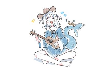 1girl blue_hair blue_hoodie blue_tail closed_eyes cowboy_hat ebi-chan_(gawr_gura) fins fish_tail full_body gawr_gura gawr_gura_(1st_costume) hat highres holding_instrument holding_ukulele hololive hololive_english hood hoodie instrument long_hair lyrinne music playing_instrument shark_girl shark_tail simple_background solo_focus tail ukulele virtual_youtuber white_background