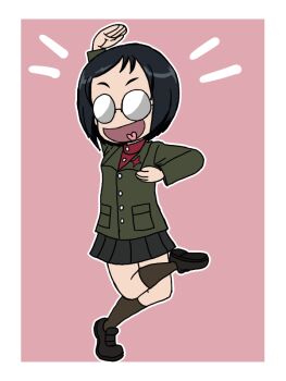 Rule 34 | 1girl, black hair, black shoes, black skirt, brown socks, dancing, girls und panzer, glasses, green jacket, jacket, katsuya megu, miniskirt, open mouth, pink background, pleated skirt, pravda school uniform, red shirt, round eyewear, school uniform, shirt, shoes, short hair, simple background, skirt, smile, socks, standing, standing on one leg, takahashi kurage, tongue