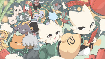 6+boys 6+girls :d cat_boy cat_girl chien_(nine_sols) chinese_clothes chinese_commentary chiyou_(nine_sols) commentary_request dark-skinned_male dark_skin eigong_(nine_sols) fat fat_man furry furry_female furry_male fuxi_(nine_sols) goumang_(nine_sols) grey_hair hair_over_eyes heng_(nine_sols) highres ji_(nine_sols) jiequan_(nine_sols) kuafu_(nine_sols) lady_ethereal liqueurmask multiple_boys multiple_girls nine_sols nuwa_(nine_sols) open_mouth red_eyes shanhai_9000_(nine_sols) shuanshuan_(nine_sols) smile white_fur wide_sleeves yi_(nine_sols)