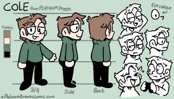 1boy arm_behind_head arms_at_sides black_eyes black_pants black_shoes brown_hair character_name coat cole_(paper_dawn) color_guide dawn_(paper_dawn) english_text facial_hair flying_sweatdrops from_behind from_side frown full_body green_background green_coat guide half-closed_eyes highres holding laughing long_sleeves looking_down looking_to_the_side multiple_expressions multiple_views open_hand open_mouth original pants reference_sheet shoes short_hair smile solo standing staring sweat turnaround watermark wavy_mouth web_address