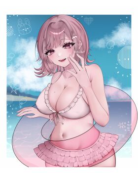 1girl :d bikini breasts brown_hair churu_(chu1e0) cleavage cowboy_shot danganronpa_(series) danganronpa_2:_goodbye_despair highres innertube large_breasts looking_at_viewer medium_hair mole mole_on_breast nanami_chiaki open_mouth outdoors smile solo stomach swim_ring swimsuit white_bikini