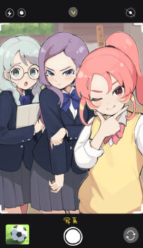 Rule 34 | 3girls, ball, bow, bowtie, braid, camera frame, glasses, inazuma eleven (series), inazuma eleven victory road, japanese text, looking at viewer, momochi yuina, multiple girls, one eye closed, ponytail, purple hair, red hair, school uniform, seeno himeka, shinohara raika, shirt, soccer ball, twin braids, ura (hamburg oniku), v, white shirt