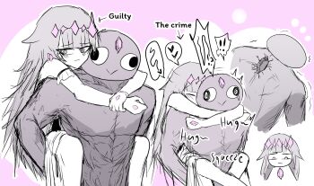 ! 1boy 1girl absurdres akukan blush carrying carrying_person chest_jewel crack crown hair_flaps heart highres hololive hololive_english hug koseki_bijou koseki_bijou_(1st_costume) long_hair muscular muscular_male pebble_(koseki_bijou) piggyback sequential sketch tears very_long_hair virtual_youtuber