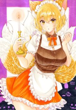 1girl alternate_costume animal_ear_fluff animal_ears apron blonde_hair bow bowtie breasts brown_vest candle candlestand commentary_request enmaided fox_ears fox_tail frilled_skirt frills holding_candlestand kapibaradon0405 large_breasts looking_at_viewer maid maid_headdress multiple_tails open_mouth orange_bow orange_bowtie orange_skirt puffy_short_sleeves puffy_sleeves sample_watermark shirt short_hair short_sleeves skirt solo tail touhou traditional_media vest waist_apron watermark white_apron white_shirt yakumo_ran yellow_eyes