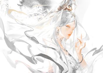 Rule 34 | 1girl, abstract background, absurdres, chinese commentary, collarbone, commentary, dress, du ruo (path to nowhere), earrings, facial hair, facial mark, forehead, forehead jewel, forehead mark, from side, grey eyes, grey hair, grey shawl, guanyin, hair ornament, hairpin, half-closed eyes, headpiece, highres, jade bracelet, jewelry, lips, lotus hair ornament, mudra, multiple hairpins, parted bangs, parted lips, path to nowhere, pearl hair ornament, qingci, see-through clothes, see-through veil, shawl, solo, upper body, variant set, veil, white dress