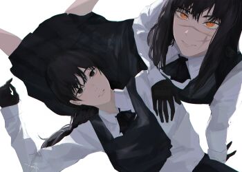 2girls absurdres black_hair chainsaw_man collared_shirt commentary cross_scar dress english_commentary facial_scar fourth_east_high_school_uniform highres kumah_dessu long_hair looking_at_viewer low_twintails mitaka_asa multiple_girls neck_ribbon pinafore_dress ribbon ringed_eyes scar scar_on_cheek scar_on_face scar_on_nose school_uniform shirt simple_background sleeveless sleeveless_dress twintails white_shirt yoru_(chainsaw_man)