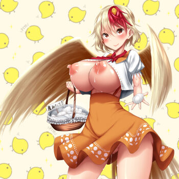 1girl animal animal_on_head baby_animal basket bird bird_on_head bird_tail bird_wings blonde_hair blush breasts breasts_out chick covered_navel cowboy_shot egg hair_between_eyes highres kawahagitei lactation large_breasts looking_at_viewer multicolored_hair nipples niwatari_kutaka no_bra no_panties on_head orange_skirt patterned_background puffy_short_sleeves puffy_sleeves pussy_juice pussy_juice_drip pussy_juice_trail red_eyes red_hair red_neckwear shiny_skin shirt short_hair short_sleeves sign skirt smile solo standing streaked_hair suspender_skirt suspenders tail touhou translation_request white_shirt wings yellow_background