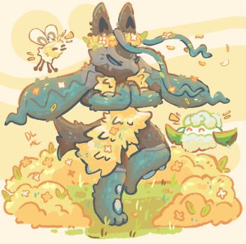 ^_^ closed_eyes commentary cottonee cutiefly darkylights flower full_body gen_4_pokemon gen_5_pokemon gen_7_pokemon grass head_wreath lucario mega_lucario_z mega_pokemon nintendo notice_lines palms_together petals pokemon pokemon_(creature) pokemon_focus standing standing_on_one_leg yellow_flower