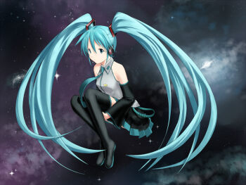 bare_shoulders blue_eyes blue_hair detached_sleeves floating galaxy hatsune_miku holding_legs komeshitsu long_hair necktie space star_(sky) twintails universe very_long_hair vocaloid zero_gravity
