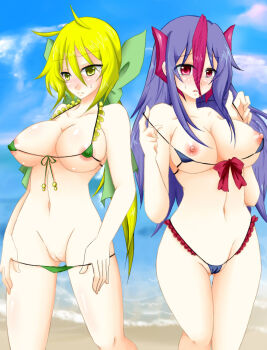 2girls artist_request bikini black_bikini blonde_hair blue_hair blue_sky blush breasts cameltoe cleavage cloud covered_erect_nipples gigalith green_bikini hair_ornament hair_ribbon large_breasts leavanny long_hair micro_bikini multicolored_hair multiple_girls navel nipples personification pokemon ponytail pussy red_eyes ribbon sky swimsuit tears uncensored water yellow_eyes