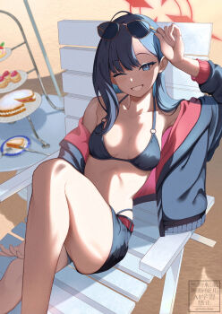 Rule 34 | 1girl, adjusting eyewear, belt, bikini, bikini bottom under shorts, bikini under clothes, black bikini, black hair, black jacket, black shorts, black wings, blue archive, eyewear on head, feathered wings, halo, hand on eyewear, highres, ichika (blue archive), ichika (swimsuit) (blue archive), jacket, kdu, knee up, long hair, looking at viewer, low wings, o-ring, o-ring bikini, o-ring top, official alternate costume, one eye closed, open clothes, open jacket, red belt, red halo, shorts, sitting, smile, sunglasses, swimsuit, wings