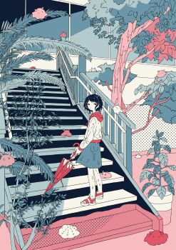 1girl absurdres black_hair blob drawstring full_body highres hood hoodie looking_back mitsuki_sanagi original plant sandals short_hair skirt stairs standing tree umbrella wet wide_shot