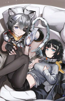 2girls ahoge animal_ear_fluff animal_ears anizi arknights arknights:_endfield arm_cutout black_hair black_pantyhose black_shorts blue_eyes closed_mouth clothing_cutout commentary_request endministrator_(arknights) eyepatch female_endministrator_(arknights) grey_sweater highres jewelry long_sleeves looking_at_viewer multiple_girls navel necklace one_eye_covered pantyhose partial_commentary pillow ribbed_sweater short_hair short_shorts short_sleeves shorts sweater tail tangtang_(arknights) tassel turtleneck turtleneck_sweater white_tail
