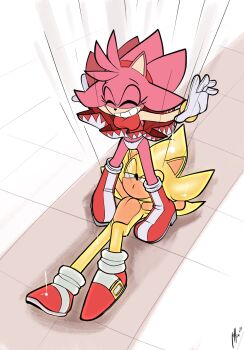 1boy 1girl amy_rose breasts clothes_lift ears eyelashes falling from_above grin hetero highres imminent_attack lettuce_(artist) looking_at_ass looking_at_pussy looking_up medium_breasts motion_lines panties qqlettuce sega skirt skirt_lift smile sonic_(series) sonic_the_hedgehog super_sonic tagme underwear white_panties