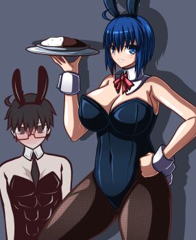 1boy 1girl abs absurdres animal_ears black_hair black_necktie blue_eyes blue_hair blush breasts ciel_(tsukihime) cleavage curry curry_rice fishnet_pantyhose fishnets food glasses highres large_breasts looking_at_viewer necktie pantyhose playboy_bunny rabbit_ears rabbit_tail rice sakurello short_hair tail tohno_shiki tray tsukihime tsukihime_(remake) wrist_cuffs
