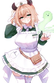 Rule 34 | 1girl, animal ears, apron, blush, breasts, brown hair, cgator, commentary, dress, english commentary, green dress, green eyes, grin, hat, highres, holding, holding smoking pipe, indie virtual youtuber, juliet sleeves, large breasts, long sleeves, looking at viewer, medium hair, name tag, naplings (nimi nightmare), nimi nightmare, nimi nightmare (1st costume), nurse cap, one side up, open mouth, puffy sleeves, round collar, rounded collar, simple background, smile, smoking pipe, solo, tapir ears, tapir girl, thighhighs, virtual youtuber, waist bag, white apron, white background, white thighhighs