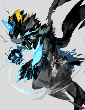 absurdres animal_ears animal_nose black_fur blue_claws blue_eyes blue_fur body_fur cat claws electricity furry gen_7_pokemon highres horns legendary_pokemon mega_evolution_symbol mega_pokemon mega_zeraora mythical_pokemon nintendo pokemon pokemon_(creature) single_horn spikes sukepmonster two-tone_fur v-shaped_eyes whiskers yellow_trim zeraora