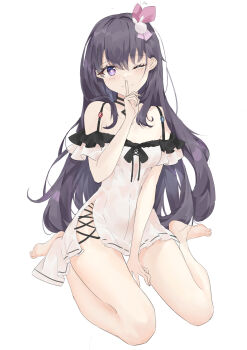 1girl absurdres barefoot blush breasts circle_(circle12138) closed_mouth collarbone finger_to_mouth full_body hair_ornament highres hoshino_ai index_finger_raised long_hair medium_breasts off-shoulder_one-piece_swimsuit off_shoulder one-piece_swimsuit one_eye_closed oshi_no_ko purple_eyes purple_hair rabbit_hair_ornament simple_background sitting solo star-shaped_pupils star_(symbol) swimsuit symbol-shaped_pupils wariza white_background white_swimsuit