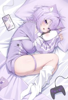 1girl absurdres ai_(u_e_o_o) animal_ears blush breasts cat_ears cat_girl cat_tail cellphone controller game_controller highres hololive hug jacket large_breasts leg_warmers looking_at_viewer lying medium_hair nekomata_okayu nekomata_okayu_(membership) official_alternate_costume on_bed on_side onigirya_(nekomata_okayu) open_mouth phone purple_eyes purple_hair purple_jacket skindentation smartphone solo_focus tail thigh_strap thighs virtual_youtuber white_leg_warmers