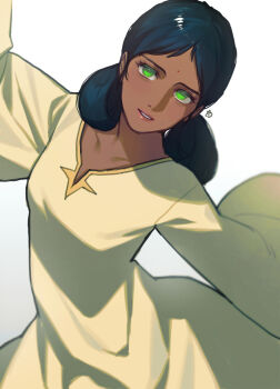 1girl arm_up artist_logo bindi black_hair commentary_request dark-skinned_female dark_skin double_bun dress green_eyes gundam hair_bun highres lalah_sune light_smile logo long_sleeves looking_at_viewer mobile_suit_gundam no_pupils parted_bangs parted_lips shion_(ajisionn) simple_background solo teeth white_background wide_sleeves yellow_dress