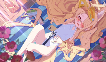 1girl animal_ear_fluff animal_ears arm_behind_head arm_up bare_legs beach_mat bird blonde_hair blue_archive breasts cellphone covered_navel cross_halo diamond_cutout dot_nose extra_ears feet_out_of_frame flower fox_ears fox_girl fox_tail from_above hair_over_one_eye halo hand_on_own_stomach hibiscus highleg highleg_one-piece_swimsuit highres jacket knees_up loli long_hair long_sleeves looking_at_viewer lying off_shoulder official_alternate_costume official_alternate_hairstyle on_back one-piece_swimsuit one_eye_covered open_mouth orange-tinted_eyewear orange_eyes phone sandals seia_(blue_archive) seia_(swimsuit)_(blue_archive) side_ponytail sidelocks sizque small_breasts smile solo sunglasses swimsuit tail tail_ornament thighs tinted_eyewear unworn_sandals very_long_hair very_long_tail visor_cap water_gun white_one-piece_swimsuit wooden_floor yellow_halo yellow_jacket yellow_sandals yellow_visor