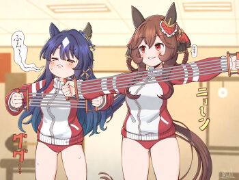 >_< 2girls animal_ears blurry blurry_background blush braid breasts brown_hair buruma closed_eyes closed_mouth commentary_request depth_of_field exercising gentildonna_(umamusume) hair_between_eyes hair_intakes hair_rings highres holding horse_ears horse_girl horse_tail indoors jacket long_hair long_sleeves medium_breasts multicolored_hair multiple_girls puffy_long_sleeves puffy_sleeves purple_hair rakugakiraid red_buruma red_eyes red_jacket resistance_band standing tail track_jacket translation_request trembling twin_braids two-tone_hair umamusume verxina_(umamusume) very_long_hair white_hair