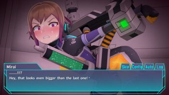 1girl 3d agent_mirai black_bodysuit blender_(medium) blush bodysuit bound brown_hair clenched_teeth commentary_request dialogue_box english_text gradient_hair headphones impossible_bodysuit impossible_clothes latex looking_at_viewer mirai_(agent_mirai) multicolored_hair purple_bodysuit purple_eyes purple_hair restrained sex_machine short_hair skin_tight solo stationary_restraints sweat teeth umaaji_lady_mk2